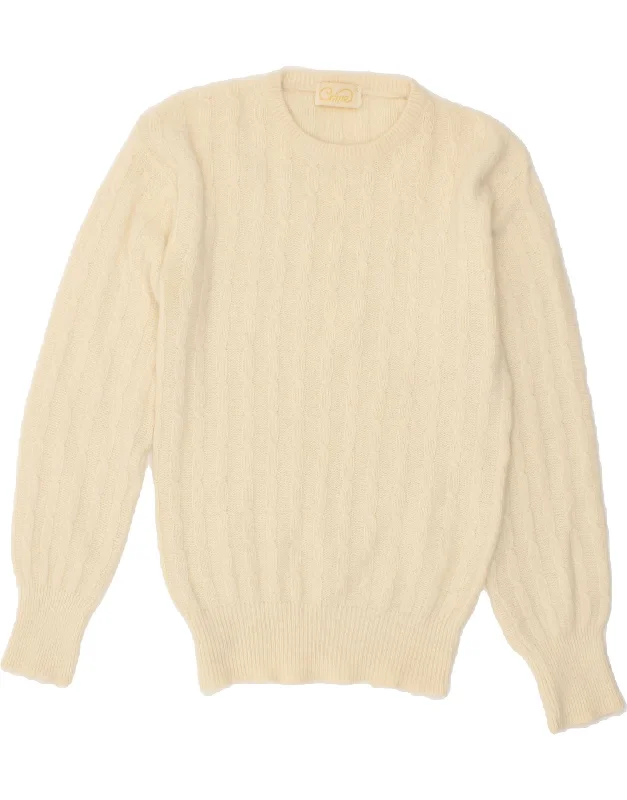 VINTAGE Womens Crew Neck Jumper Sweater UK 10 Small Beige Beaded Sweater Sequined Faux Fur