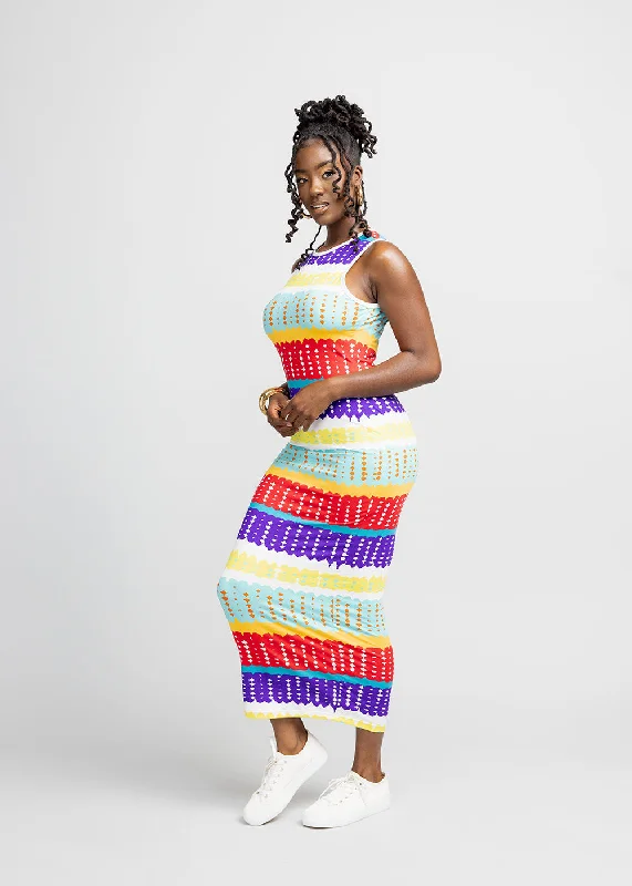 Hadi Women's African Print Jersey Dress (Rainbow Punch Adire) - Clearance Daily Wear Jersey Tee