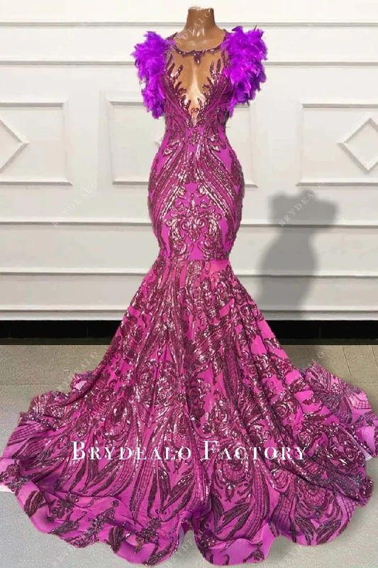 Open Back Hot Pink Sequin Feathered Long Train Prom Dress Tunic Top Casual