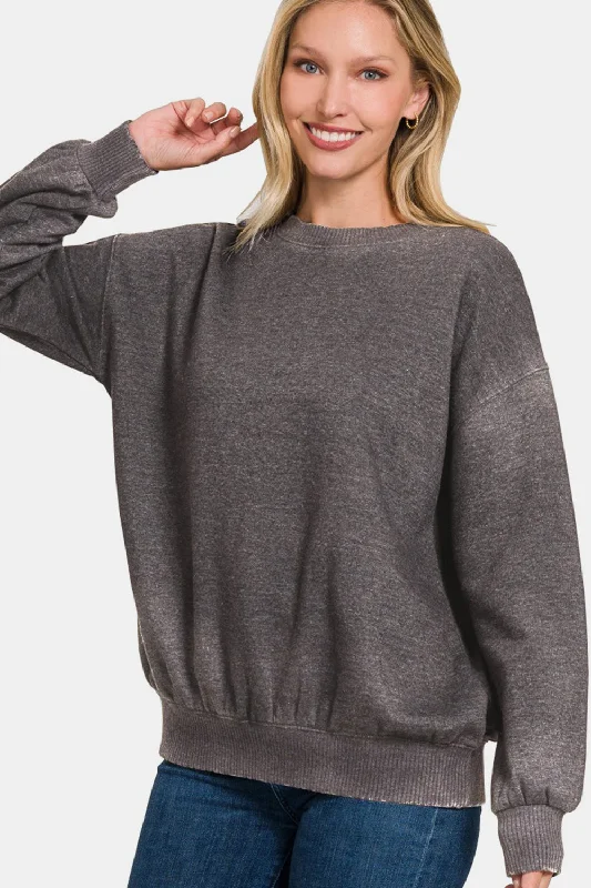 Zenana Full Size Acid Wash Fleece Long Sleeve Sweatshirt Hoodie with Belted Waist Structured Tailored