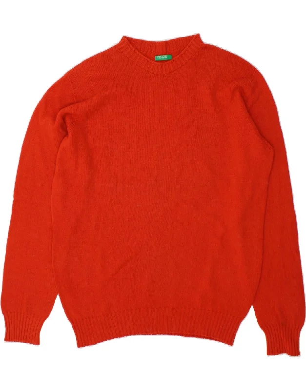 BENETTON Womens Crew Neck Jumper Sweater UK 16 Large Red Virgin Wool Print Jacquard Patchwork