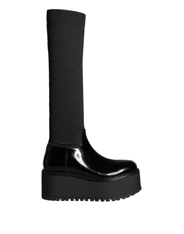 Dolce & Gabbana  Leather Jersey Knee High Boots Women's Shoes Polo Neck Jersey Top