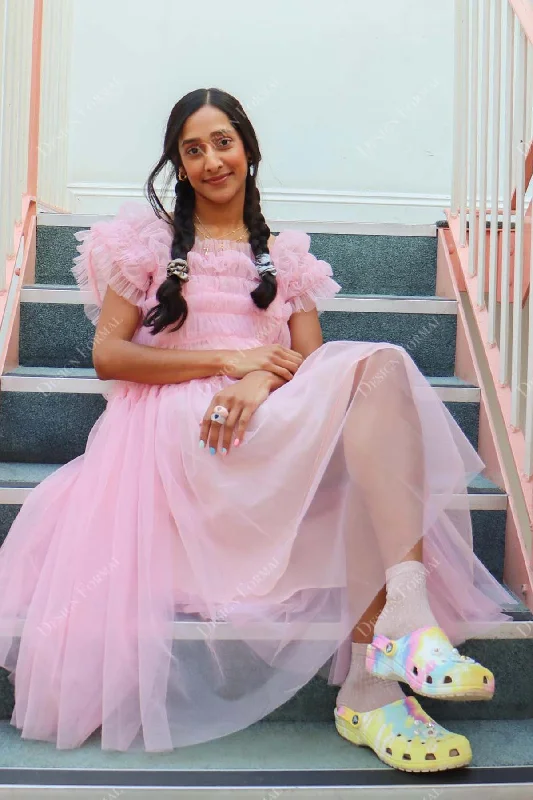 Pink Ruffled Tulle Made-to-Order Ankle Length Prom Daily Dress Tunics Sophisticated sleek