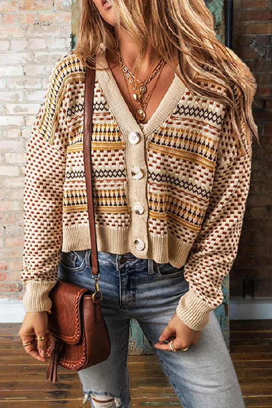 Cozy Patterned V-neck Knitted Sweater High Neck Crew Neck V-Neck