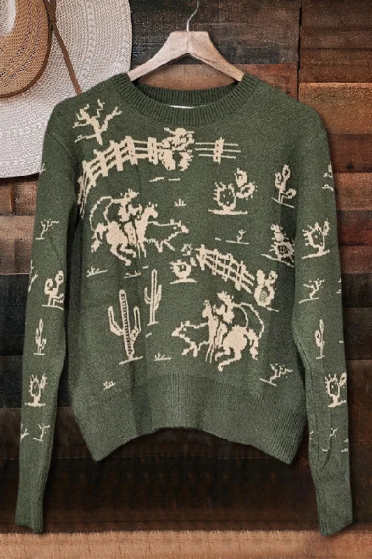 Vintage Western Rodeo Print Sweater Toggled Drawstring Belted