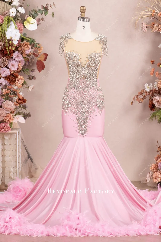 Pink Rhinestone Chapel Feather Train Mermaid Prom Dress Tunics Versatile functional