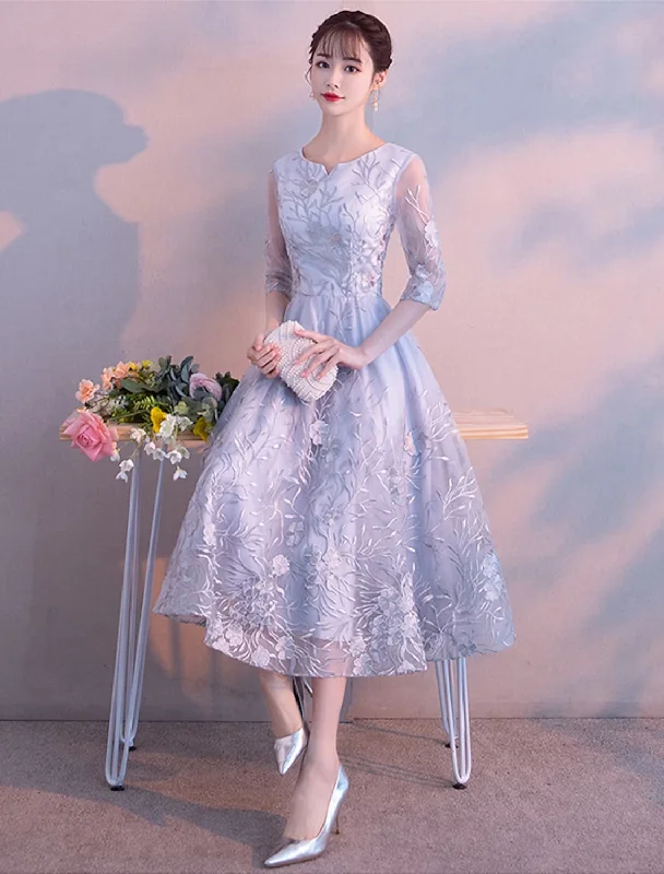 A-Line Elegant Cocktail Party Prom Dress Jewel Neck 3/4 Length Sleeve Tea Length Lace with Lace Insert Pattern / Print Appliques Bodycon Club Sequined