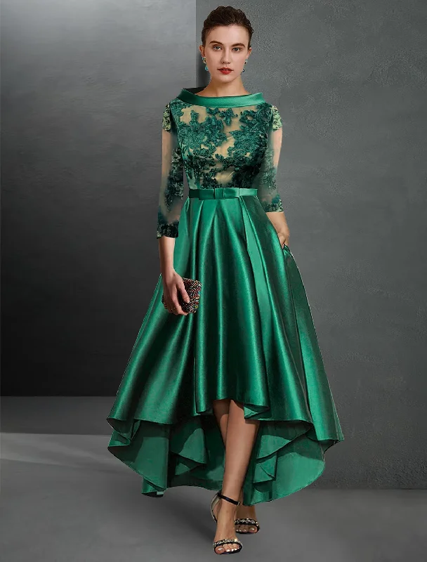 A-Line Cocktail Dresses Elegant Dress Formal Asymmetrical 3/4 Length Sleeve Jewel Neck Satin with Pleats Appliques Cowl Neckline Elegant