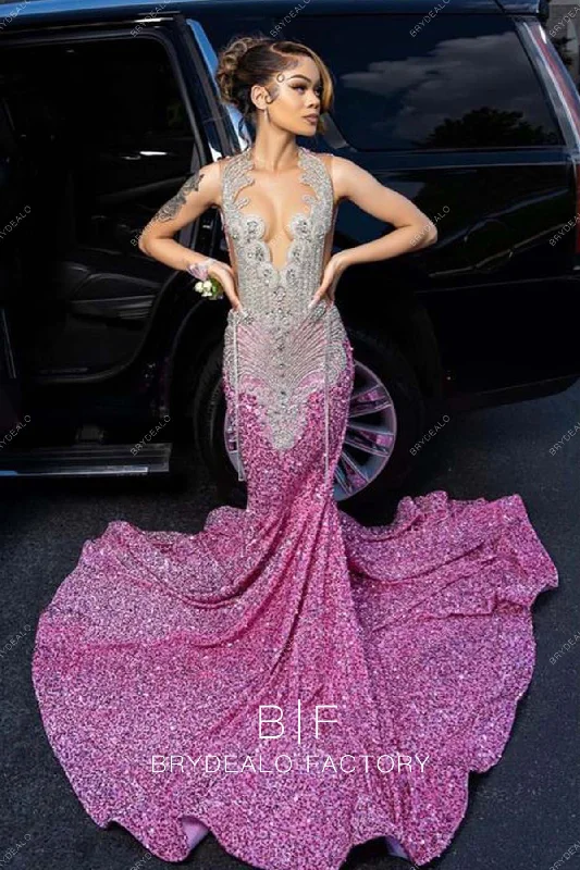 Pink Sequin Popular Rhinestone Sleeveless Long Train Mermaid Prom Dress Tunics Custom made