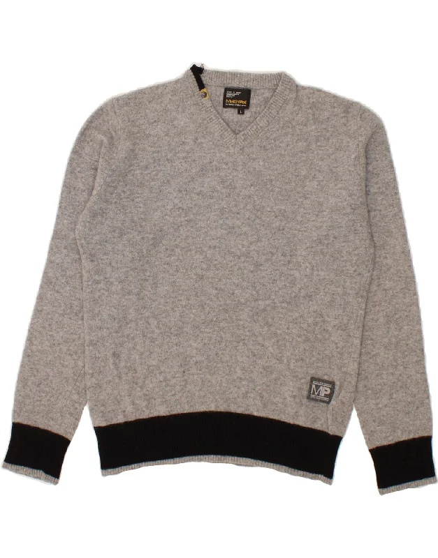 MELTIN' POT Womens V-Neck Jumper Sweater UK 16 Large Grey Colourblock Wool Embroidered Appliqued Beaded