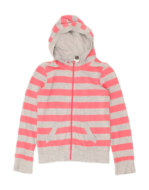 MAUI AND SONS Womens Graphic Zip Hoodie Sweater UK 10 Small Pink Striped Spandex Rayon Corduroy