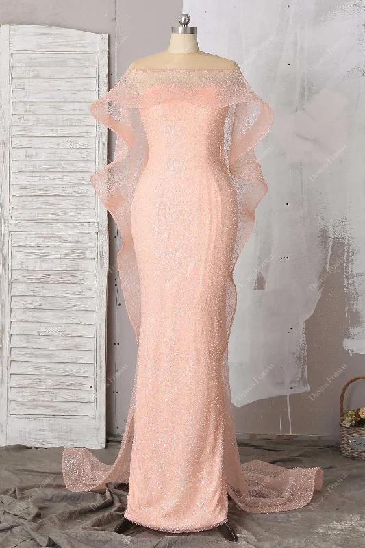 Peach Pink Glitter Cascading Cape Prom Dress Tunics Fall fleece