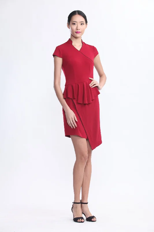 Burgundy Jersey Dress with Ruffles At Waist Casual Jersey Blouse