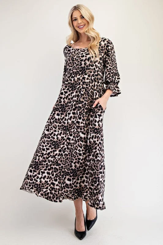 Leopard Round Neck Flounce Sleeve Dress Tunics Party sparkling