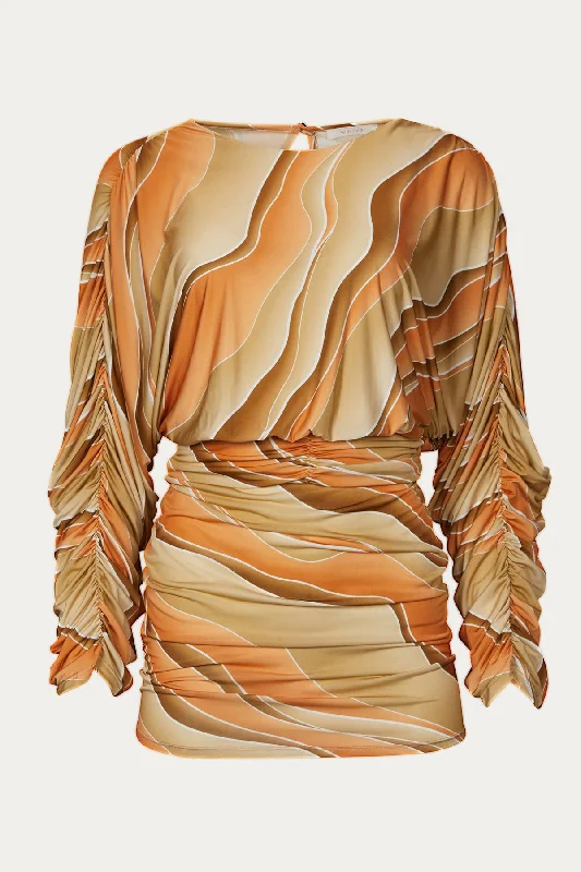 MARBLE RUCHED JERSEY MINI DRESS Short Sleeve Jersey Top