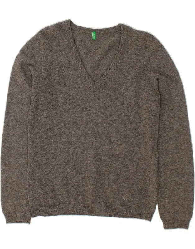 BENETTON Womens V-Neck Jumper Sweater UK 12 Medium Grey Wool Sequined Glittery Shiny