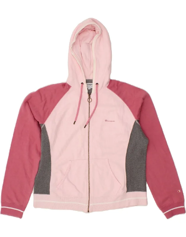 CHAMPION Womens Zip Hoodie Sweater UK 18 XL Pink Colourblock Cotton Faux Fur Fabric Real Fur Fabric Shearling Fabric