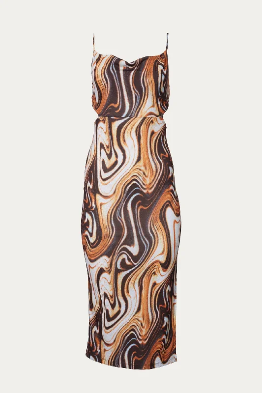 MARBLE-PRINT COWL STRETCH-JERSEY CUTOUT MIDI DRESS Textured Jersey Blouse