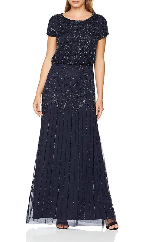 Adrianna Papell - Beaded Short Sleeve Blouson Long Dress 191906600SC Tunics Mesh breathable
