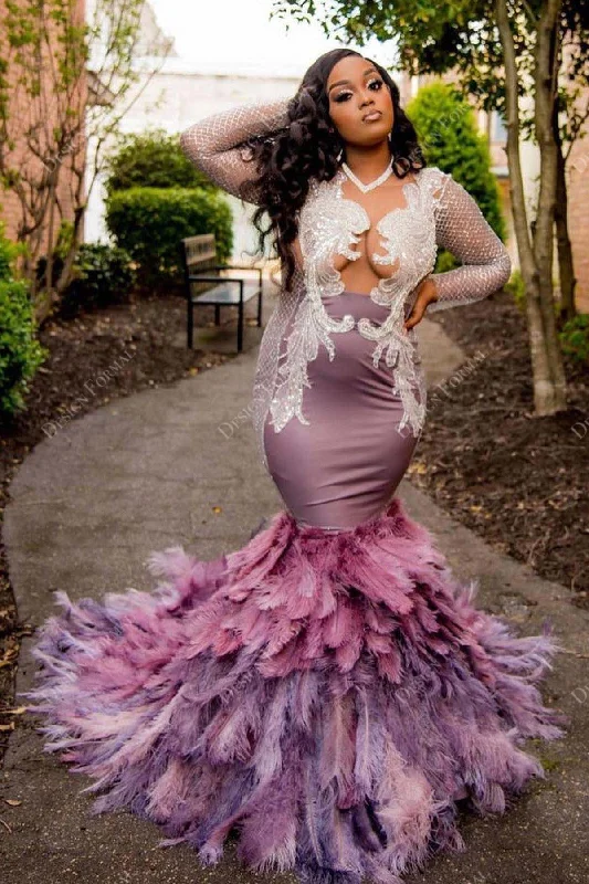 Sequined Lace Mauve Big Feathers Mermaid Custom Prom Dress Tunics Cozy soft