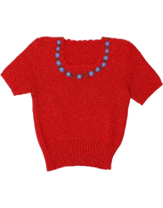 VINTAGE Womens Crop Boat Neck Jumper Sweater UK 14 Medium Red Floral Chenille Blend Fleece Blend Nylon Blend