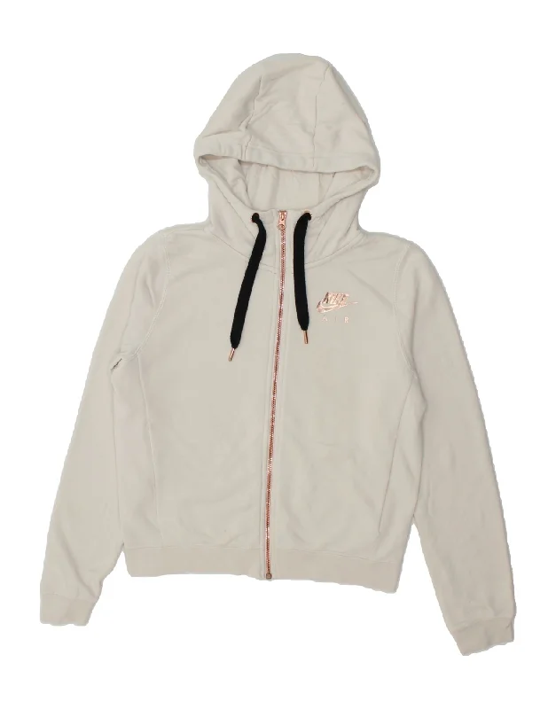 NIKE Womens Graphic Oversized Zip Hoodie Sweater UK 6 XS White Cotton Soft Cozy Warm