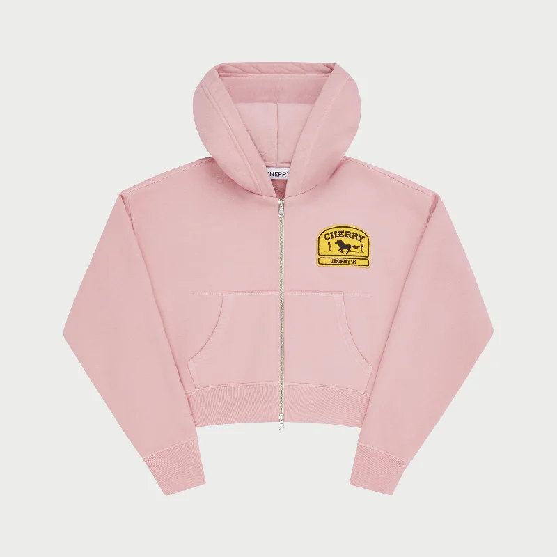 Women's Cropped Zip-Up Hoodie (Pink) Hoodie with Rolled Sleeves Casual Relaxed