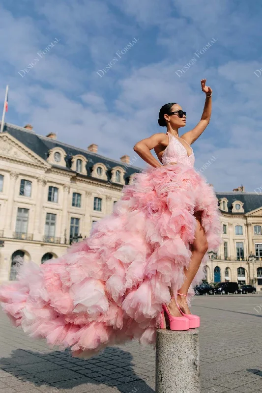 Pink Tulle Custom-made Ruffled High-Low Lace Halter Plunging Prom Dress Tunics Fleece cozy