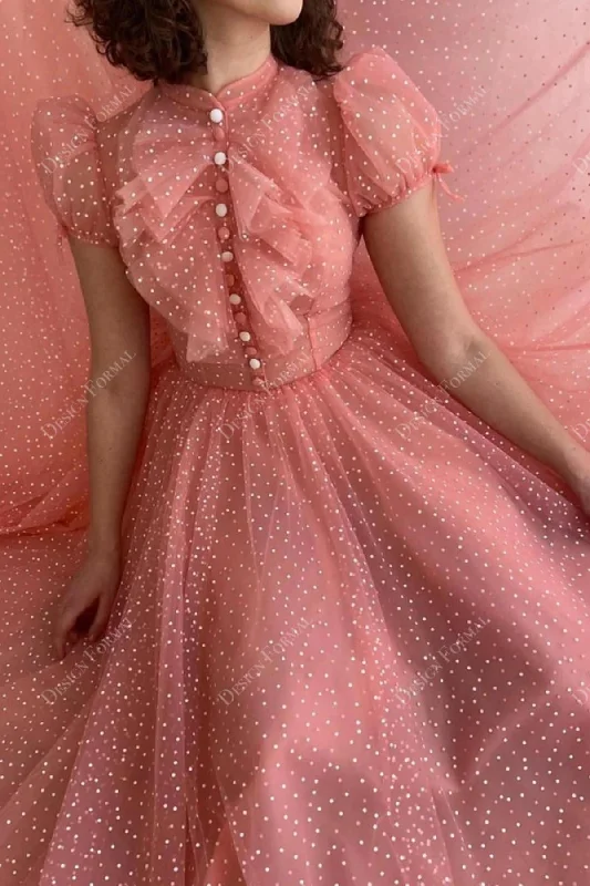 Peach Dot Tulle High Neck Short Sleeves Pocket A-line Formal Dress A-Line Day Work