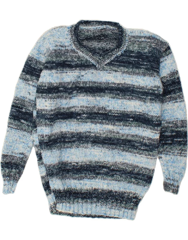VINTAGE Womens V-Neck Jumper Sweater UK 14 Large Navy Blue Striped Hooded Sweater Collared Sweater Shawl Collar