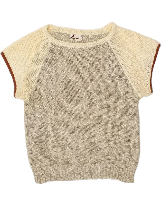VINTAGE Womens Oversized Boat Neck Jumper Sweater IT 40 Small Beige Seamless Knitted Crochet