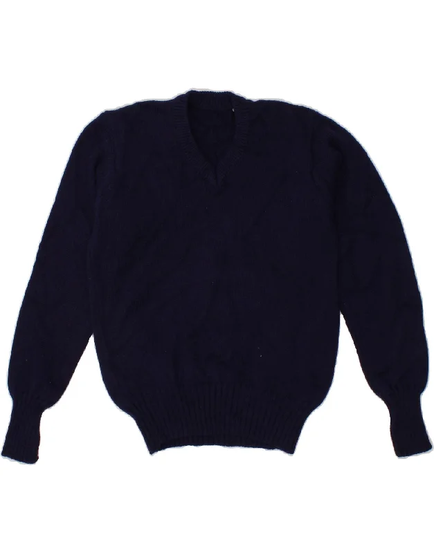 VINTAGE Womens V-Neck Jumper Sweater EU 36 Small Navy Blue Wool Iron Safe Non-Iron Wrinkle Free