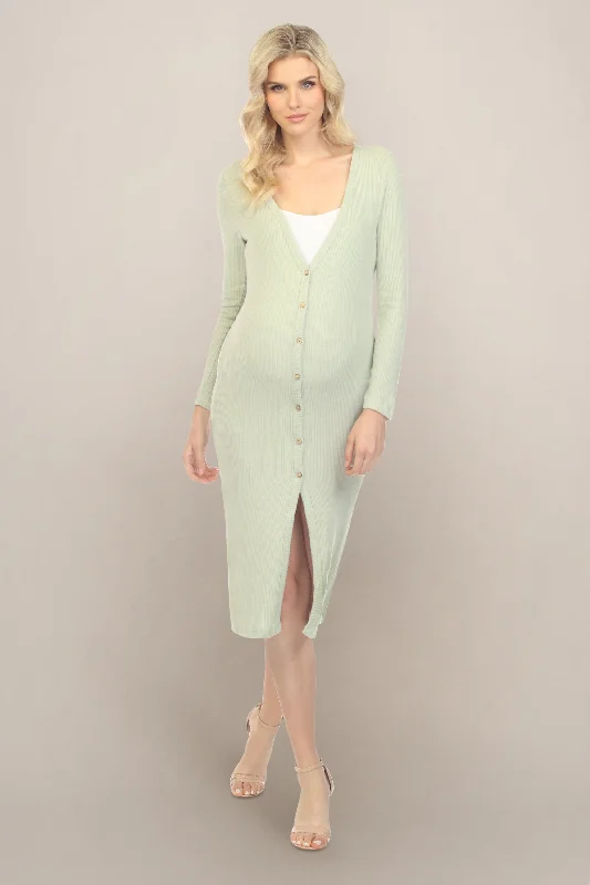 Green Sage Button-Up Midi Maternity and Nursing Dress Tunics Seasonal trendy