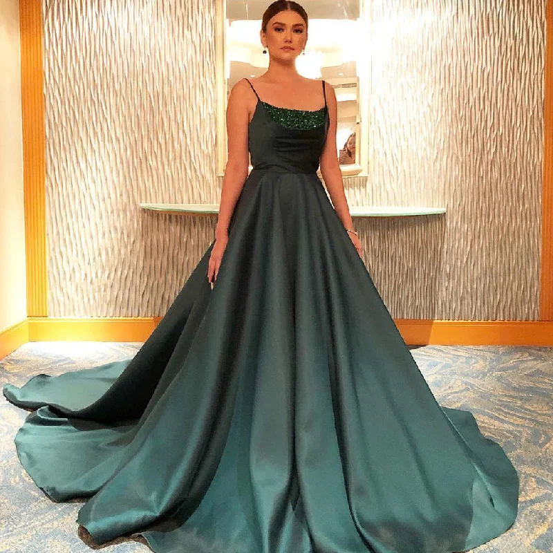 Spaghetti Straps A-Line Satin Backless Sequin Prom Dress, FC3778 Tunics Luxurious high-end