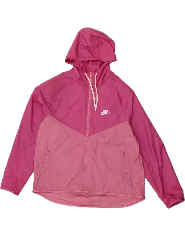 NIKE Womens Hooded Rain Jacket UK 16 Large Pink Colourblock Polyester Wool Jacket Cashmere Jacket Tweed Jacket