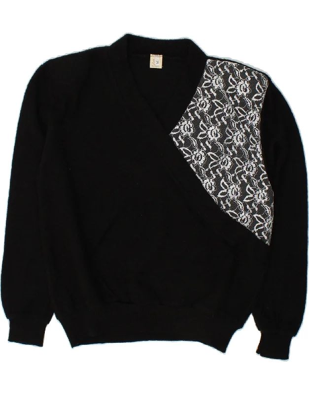 VINTAGE Womens V-Neck Jumper Sweater UK 14 Medium Black Floral Anti-Pilling Anti-Shrink Durable