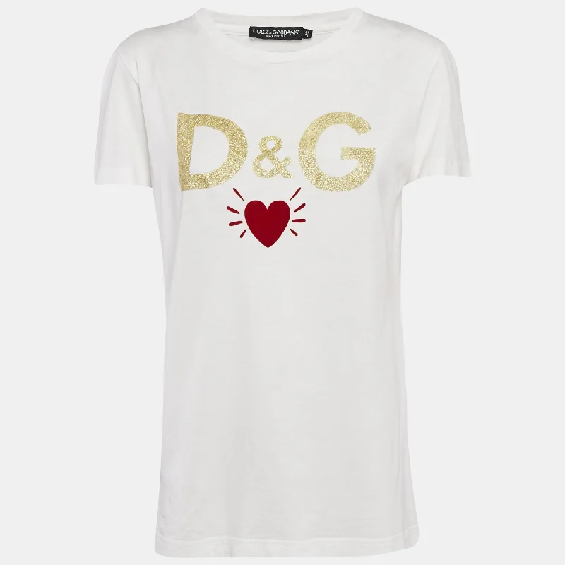 Dolce & Gabbana White Logo Heart Glitter Print Jersey T-Shirt Comfortable Jersey Tee