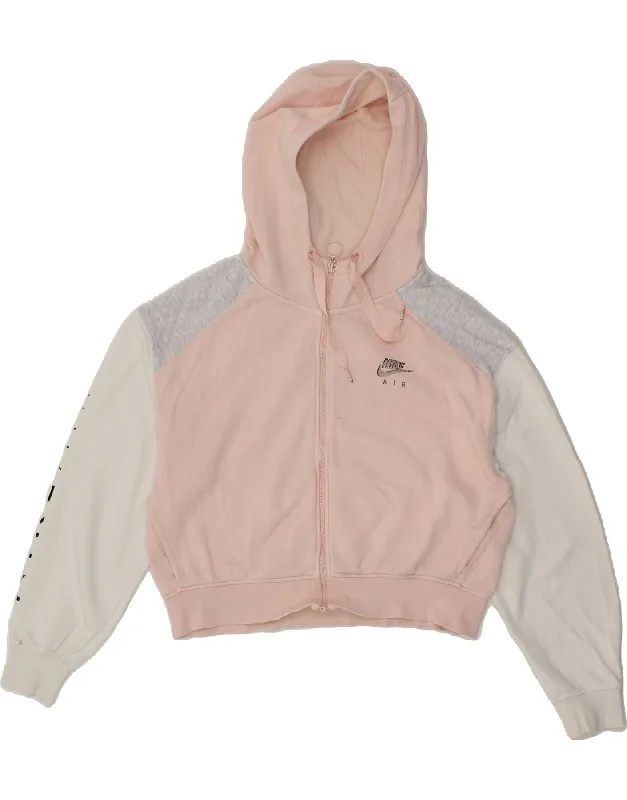 NIKE Womens Crop Graphic Zip Hoodie Sweater UK 14 Medium Pink Colourblock Zippered Buttoned Snapped