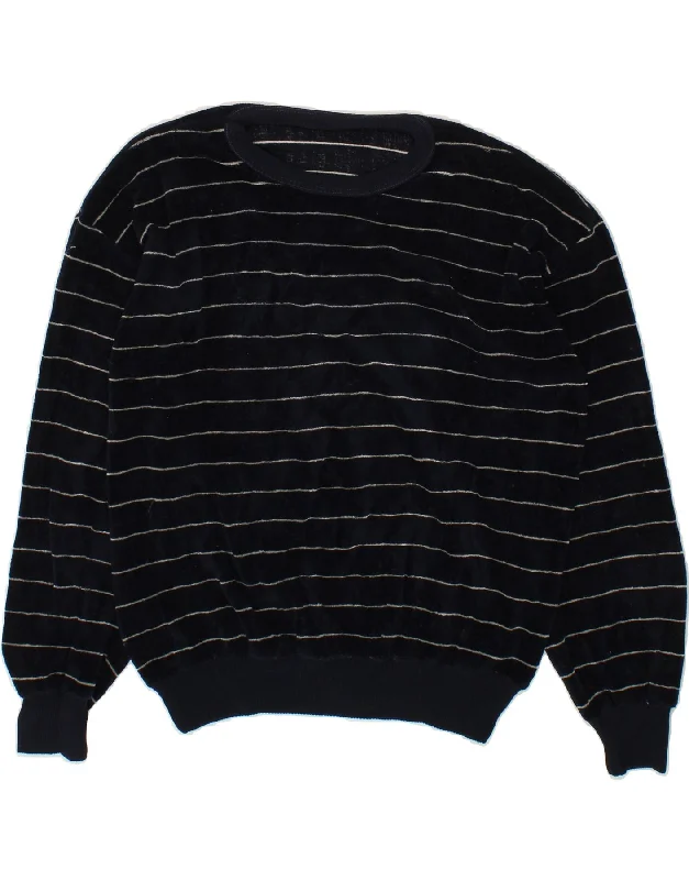 VINTAGE Womens Crew Neck Jumper Sweater UK 18 XL Navy Blue Striped Soft Cozy Warm