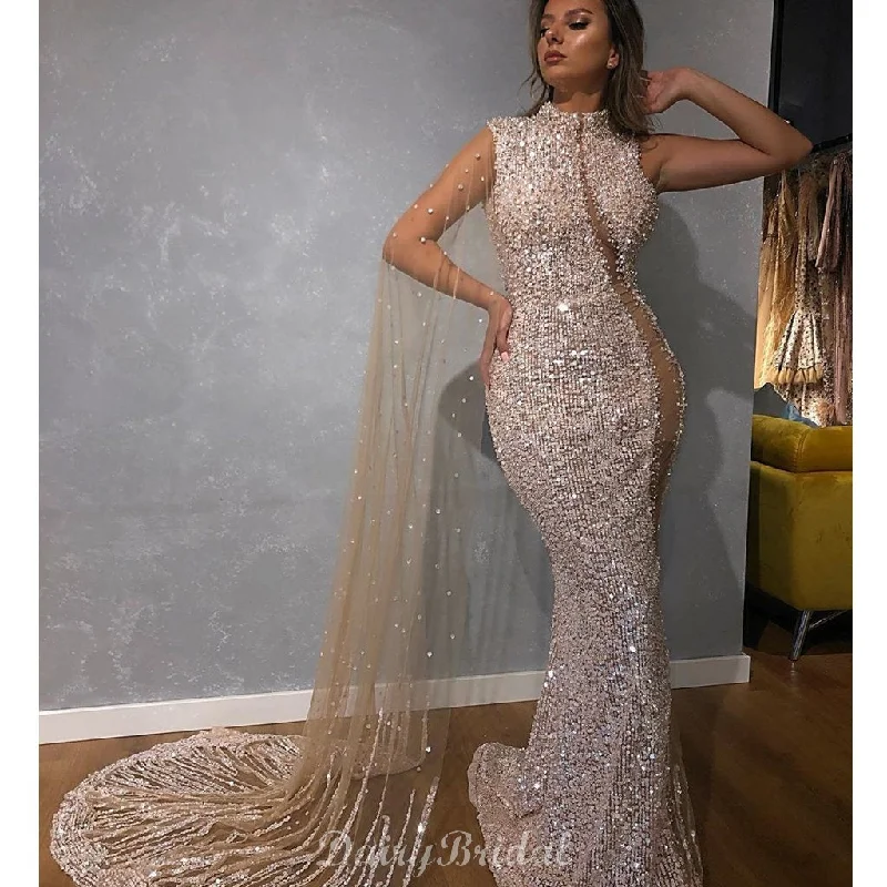 Luxury Sparkly Sequin Beaded Mermaid Long Sleeve Tulle Prom Dresses, FC4058 Tunics Seasonal trendy