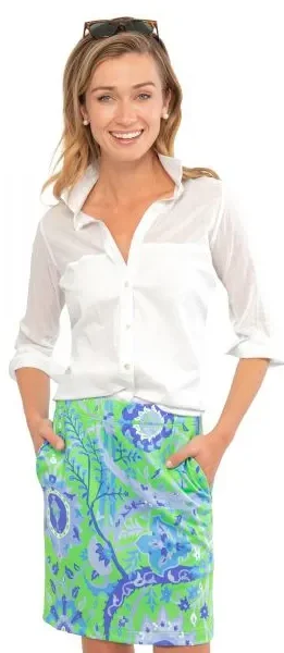 Gretchen Scott Jersey Skippy Skort in Green Blue Striped Jersey Top