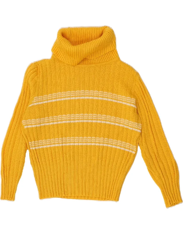 VINTAGE Womens Crop Roll Neck Jumper Sweater UK 14 Medium Yellow Striped Toggled Drawstring Belted