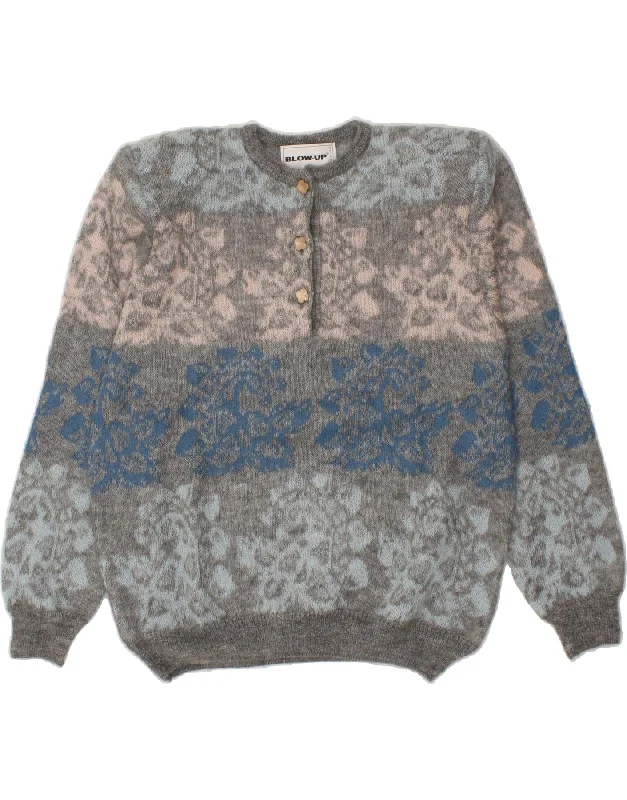 VINTAGE Womens Crew Neck Jumper Sweater IT 46 Large Grey Paisley Mohair Mesh Blend Leather Blend Suede Blend