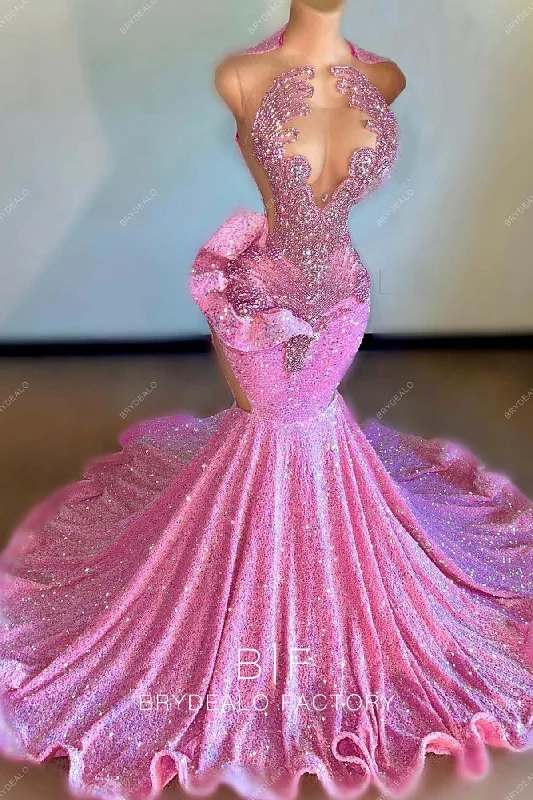 Sparkly Pink Sequins Mermaid Long Train Sleeveless Prom Dress Tunics Yoga stretchy