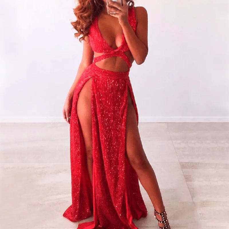 Red Mermaid Sparkly Sequin Slit Backless Sexy Prom Dresses, FC248 Tunics stripes playful