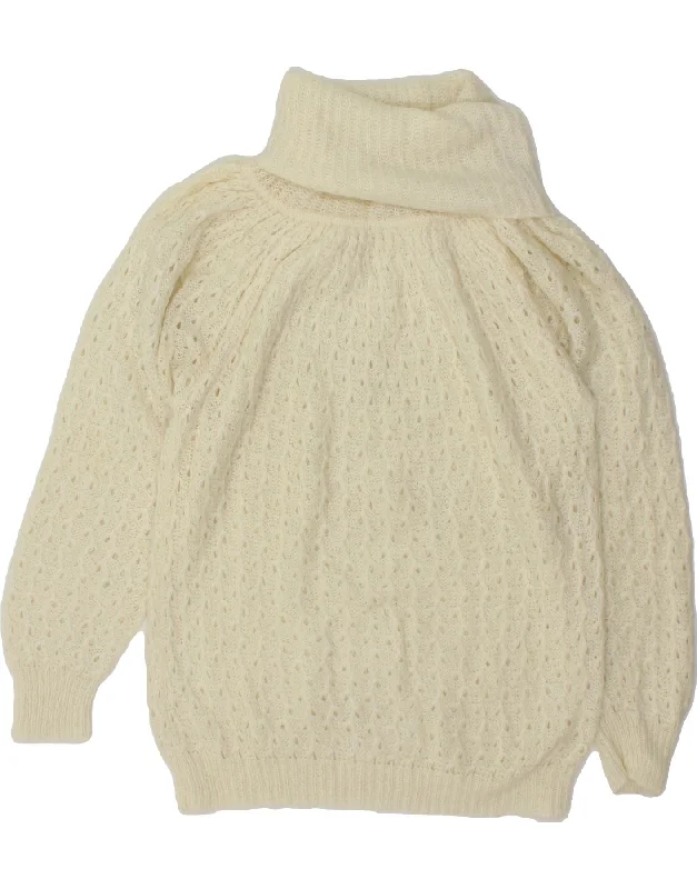 VINTAGE Womens Roll Neck Jumper Sweater UK 16 Large Off White Striped Floral Plaid