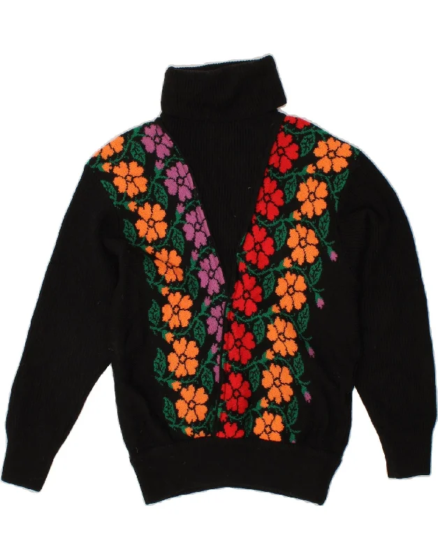 VINTAGE Womens Roll Neck Jumper Sweater UK 14 Large Black Floral Wool Fabric Cashmere Fabric Tweed Fabric