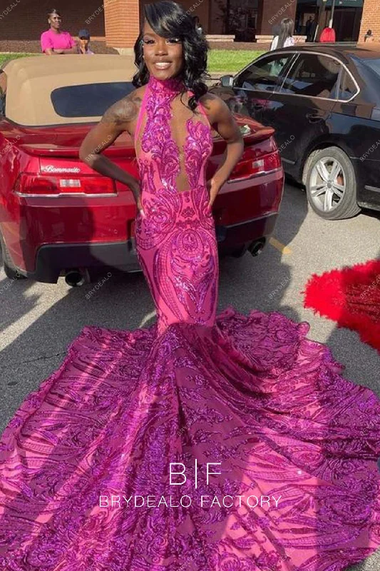 Stylish Hot Pink Sequin Illusion Halter Neck Mermaid Prom Dress Tunics Bestseller popular