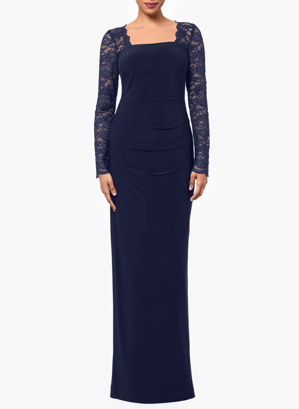 Sheath/Column Square Neck  Floor Length Long Sleeve Mother of the Bride Dresses Jersey  With Lace Cotton Jersey Tee