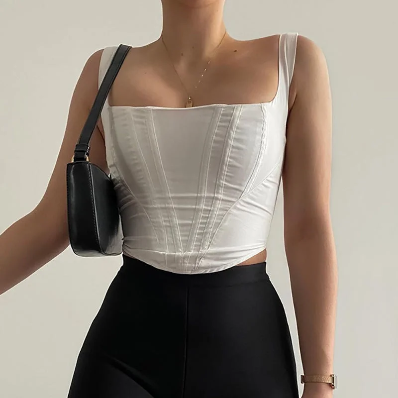 Y2K HotChick Fishbone Corset Tank Top Square Collar Cropped Navel Top relaxed fit tank